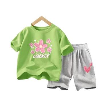 Imagem de Conjunto De Roupas De Verão Para Meninas Camiseta Com Flores E Shorts 