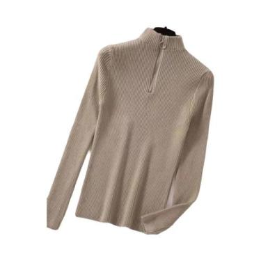 Imagem de Suéter Feminino Vintage De Tricô Com Zíper, Manga Longa, Gola Alta, Ca