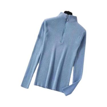 Imagem de Suéter Feminino Vintage De Tricô Com Zíper, Manga Longa, Gola Alta, Ca