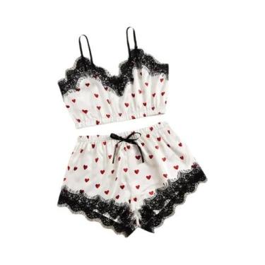 Imagem de Conjunto De Pijamas Sexy De Renda E Seda Para Mulheres, Decote Em V, S