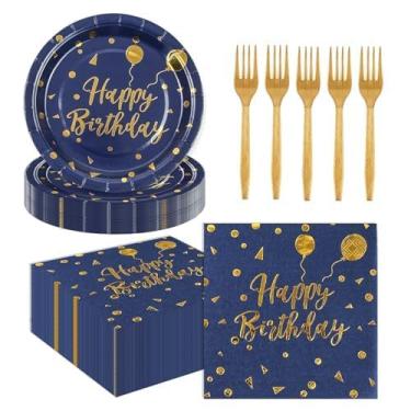 Imagem de Conjunto de pratos de papel de 75 peças, pratos de papel de feliz aniversário em ouro azul, guardanapos de 16,5 cm, garfos de plástico, conjunto de utensílios de mesa, pratos de sobremesa, servir 25