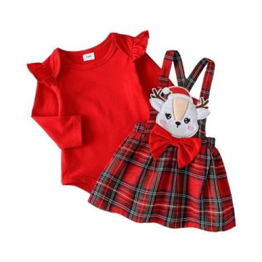 Imagem de Conjunto De Saia Xadrez Vermelha De Tricô Com Estampa De Veado Para Be