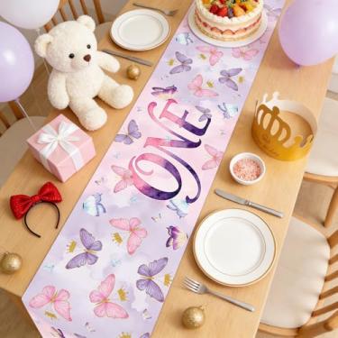 Imagem de Caminho de mesa de 1º aniversário, bandeira de mesa de festa de borboleta rosa e roxa, decoração retangular descartável de poliéster para jantar de cozinha, decoração de mesa de festa de casa interna