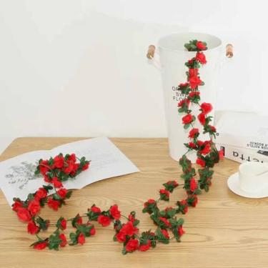 Imagem de Algasan 2 peças (94,5 pés, 45 peças), flores, plantas artificiais, videira, guirlanda pendurada, folhagem falsa, casa, cozinha, jardim, escritório, casamento, decoração de parede (rosa vermelha)