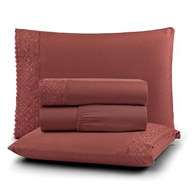 Imagem de Jogo de Lençol Nobre Solteiro 3 Peças MicroPercal 200 Fios Bordado Inglês Fino - Canela - 100% Poliéster
