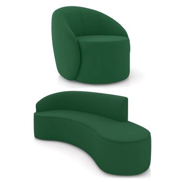 Imagem de Sofá 4 Lugares Orgânico 220cm Morgan e Poltrona Lua Veludo Verde D03 - D'Rossi