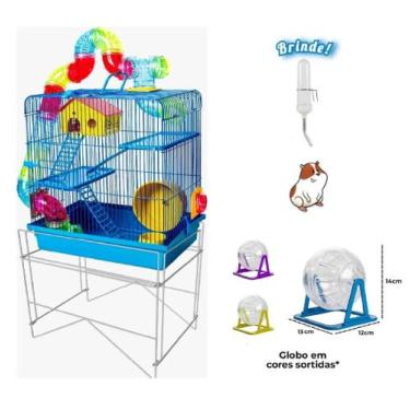 Imagem de Gaiola Hamster Tubo Luxo Azul Com Suporte Globo + Bebedouro - Jel Plas