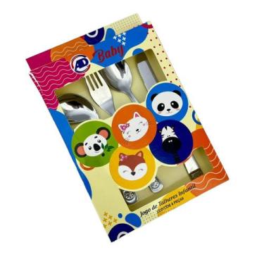 Imagem de Kit Talheres Infantil Bebê 4 Peças em Aço Inox Bichinhos - A&D