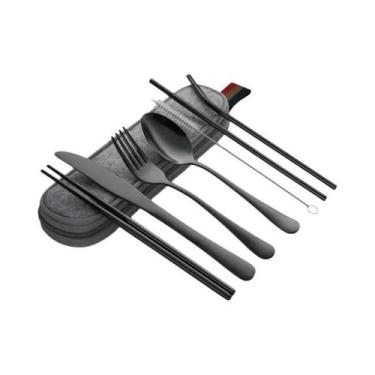 Imagem de Conjunto De Talheres De Viagem Reutilizáveis Em Aço Inoxidável Com Col