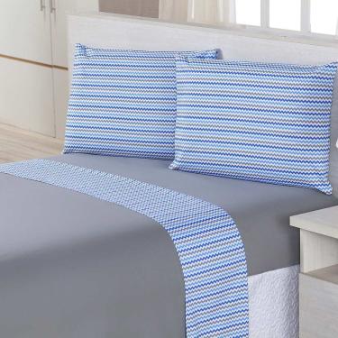 Imagem de Jogo De Cama Lençol Casal Padrão Moscou Cinza Chevron 04 Peças Com Fronhas - Tecido Percal Algodão 200 Fios