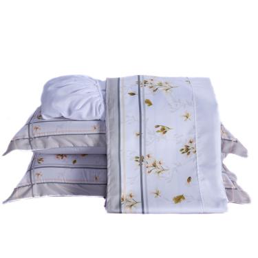 Imagem de Jogo De Cama Lençol Casal Padrão Maya Branco/caqui Com Fronhas E Virol Estampados 04 Peças - Percal 200 Fios
