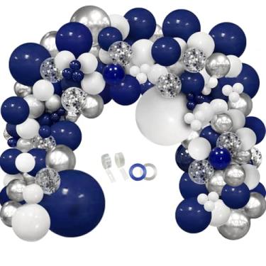 Imagem de JULLIZ Kit de guirlanda de balões prateados azul marinho 145 peças, azul royal, prata, branco, confete para decoração de sala de aula para festa de formatura, casamento, aniversário