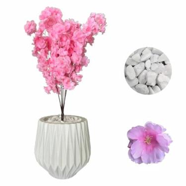 Imagem de Flor Cerejeira Pessegueiro Artificial + Vaso Origami Pedra - Branco - 