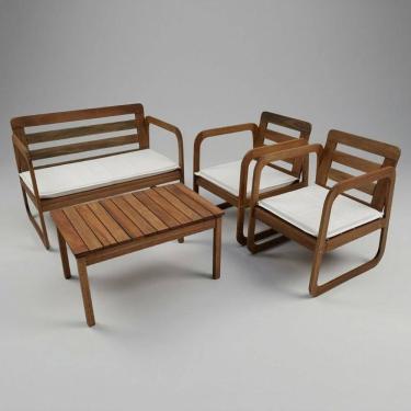 Imagem de Conjunto para Jardim Madeira Maciça 2 Poltronas 1 Namoradeira e Mesa de Centro com Estofado Curve Madeira