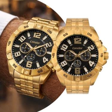 Imagem de Relógio Analógico Masculino Dourado e Preto com Caixa e Pulseira de Aç