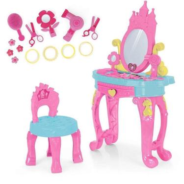 Imagem de Penteadeira Infantil de Princesa com Banco e Espelho Compartimentos Rosa Homeplay