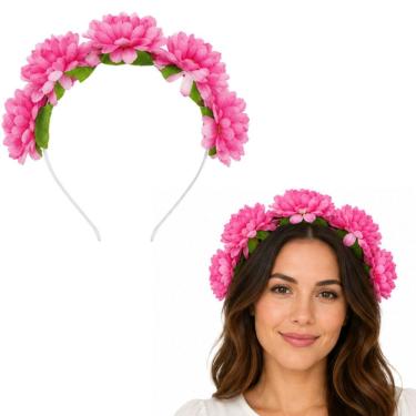 Imagem de Tiara Floral Extra Festas com Flores Artificiais Plástico e Tecido Tamanho Único Pink