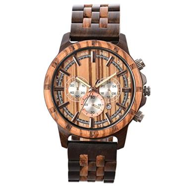 Imagem de Relógio de pulso masculino de madeira analógico de quartzo com mostrador de data, leve, feito à mão, relógio de pulso masculino luminoso, marrom