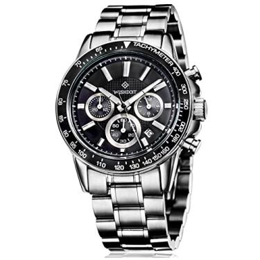 Imagem de Relógios automáticos masculinos à prova d'água, aço inoxidável, analógico, cronógrafo, luxuosos, quartzo, WISHDOIT, Prata preta clássica, Cronógrafo