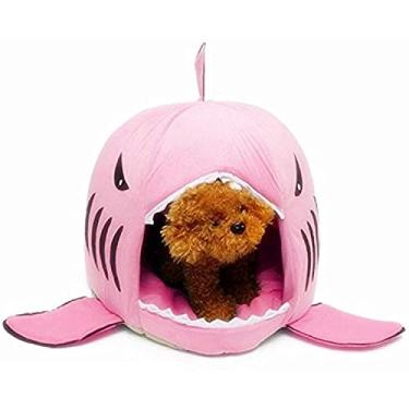 Imagem de Cama para cães e gatos, barraca coberta de tubarão, para animais de estimação pequenos, com almofada removível e parte inferior resistente à água (M-rosa)