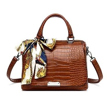 Imagem de Bolsa transversal elegante com aba para mulheres padrão de crocodilo moda alça superior bolsa de couro bolsa de mão, Marrom
