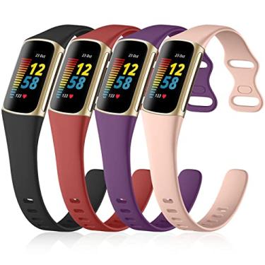 Imagem de GEAK Pulseira de substituição esportiva de silicone macio e fino compatível com Fitbit Charge 5 Advanced Fitness & Health Tracker, pacote com 4 preto/ameixa/vermelho/rosa