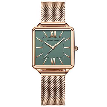 Imagem de Relógio de pulso feminino com pulseira de aço inoxidável e ouro rosa/prata, casual, impermeável, com mostrador quadrado, Verde, Relógio de quartzo