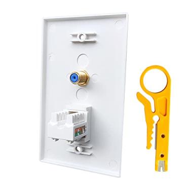 Imagem de BOPLAT Placa de parede coaxial de perfuração Ethernet de entrada única com ferramenta de cortador de fio - Conector de perfuração Ethernet CAT6 RJ45 com placa de conector tipo F coaxial - Branco