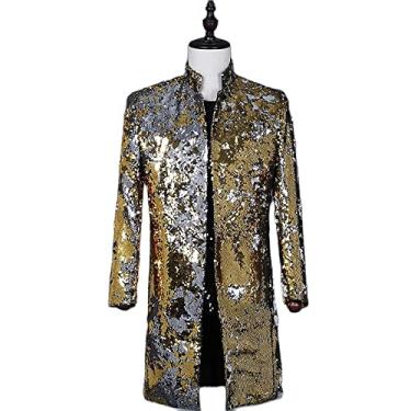 Imagem de Blazer longo masculino de lantejoulas slim fit festa terno de dança jaqueta gola alta casaco casamento noivo roupas jantar exterior leve, ouro, P (busto: 88cm)