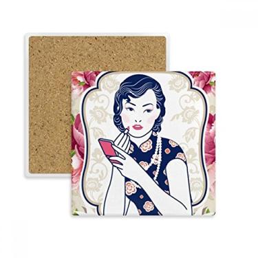 Imagem de Porta-copos quadrado de mulher rosa da cultura chinesa com suporte de subplaca e pedra isolante