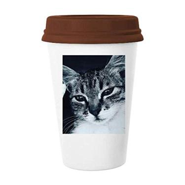 Imagem de Caneca de foto de gato cinza bacana com tampa de cerâmica para copo de café