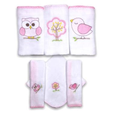Imagem de Kit 6 Fraldas De Pano para Bebê Bordada (3 de Ombro + 3 De Boca) (Floresta Rosa (Pássarinho, Coruja e Árvore))
