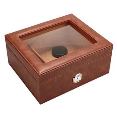 Imagem de Pequeno Caixa de charutos umidor superior de vidro desktop premium caixa de charutos caixa de charutos de couro com madeira de cedro forrada grande caixa de charutos retrô umidificadores Feito à mão