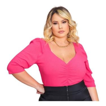 Imagem de Cropped Decote Franzido Malha Canelada Plus Size Feminino (G2, PINK)