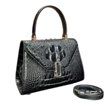 Imagem de Bolsa feminina autêntica de couro de crocodilo real preta de couro de jacaré genuíno bolsa feminina pequena bolsa de ombro cruzada única, Preto, 22.5cm(Length) x 16cm(Height) x 11cm(Deep)