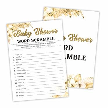 Imagem de Jogo de chá de bebê, cartas de jogo de confusão de palavras, boho, flores secas de pampas, artigos de festa revelação de gênero para bebê, decorações de chá de bebê neutro, 30 conjuntos (12,7 x 17,8