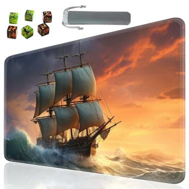 Imagem de SOTWONSO Tapete de mesa TCG para jogos de tabuleiro tamanho 60 x 35 cm mousepad compatível com MTG RPG CCG jogo de cartas colecionáveis tapetes com 6 dados (tapete 65) navio pirata