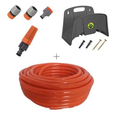 Imagem de Kit mangueira siliconada para jardim laranja 20m com esguicho e engate