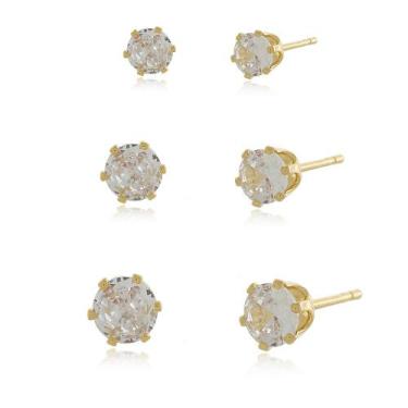 Imagem de Trio de Brincos de Zircônias Redondos Semi Joias Banhado Ouro 18k Pres