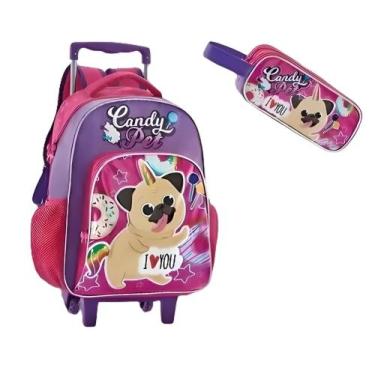 Imagem de Kit Mochila Escolar Rodinha Candy Pet Pug Unicórnio + Estojo - Fuseco,