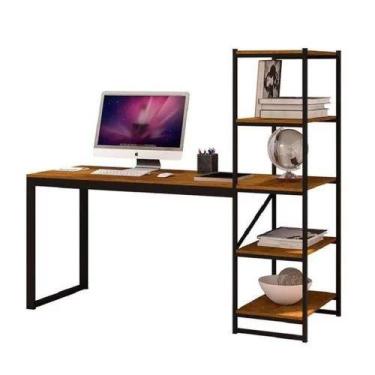 Imagem de Mesa Escrivaninha Home Office Tipo Industrial 5 Prateleiras MDF Preto/
