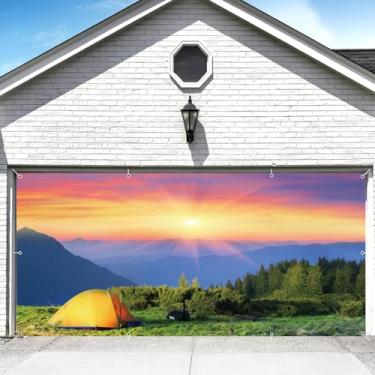 Imagem de Capa para porta de garagem de acampamento com cenário de floresta, cenário de 1,8 x 4 m, grande, montanha, floresta, acampamento, tenda, nascer do sol, capa de porta de garagem, aventura ao ar livre,