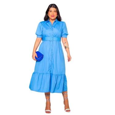 Imagem de Vestido plus size manga curta midi com cinto e saia evase em crepe ele