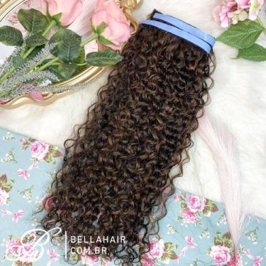 Imagem de Mega hair adesivo cabelo bio vegetal castanho com luzes cacheado frési