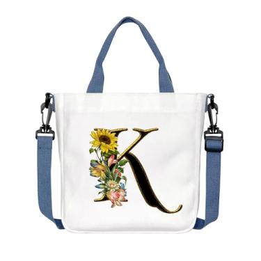 Imagem de Sacola com monograma para mulheres, pequenas bolsas de lona para presente personalizado para mulheres, bolsa de lona inicial para damas de honra, Branco, Medium