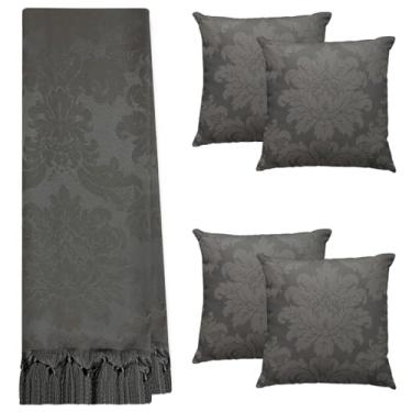 Imagem de Jogo Manta Xale para Sofá Artesanal com Franjas 2,80 x 2,50 com 4 Capas de almofadas (141 CINZA GRAFITE CHUMBO)