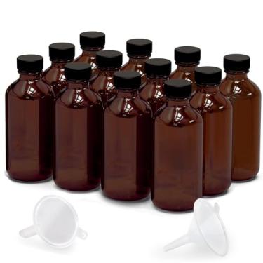 Imagem de Pacote com 12 frascos de vidro âmbar de 59 ml para extrato de baunilha, frascos de vidro marrom redondos à prova de vazamentos Boston com tampas, funil de bônus - ideal para extratos caseiros, óleos