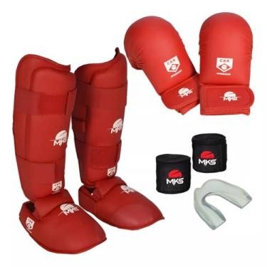 Imagem de Kit Luva de Karatê + Caneleira de Karatê + Bandagem + Protetor Bucal MKS Combat Homologado CBK Azul (Vermelho, LUVA P + CANELEIRA M)