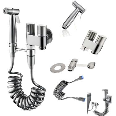 Imagem de Divisor de torneira de vaso sanitário, adaptador de torneira dupla bidirecional, válvula de controle duplo portátil Jarler 1 em 2 saídas, aço inoxidável e latão, preto, acessório de banheiro (prata)