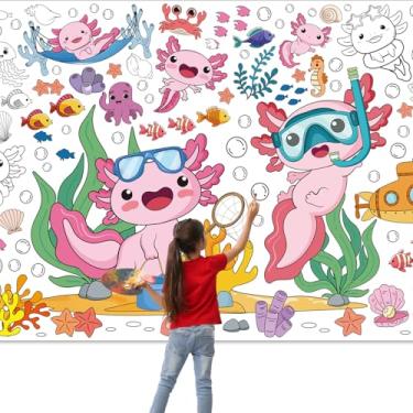 Imagem de InIsaJace Axolotl Pôster grande para colorir, toalha de mesa rosa gigante DIY para decorações de festa Axolotl, pôster do mundo submarino salamandra, atividades para colorir meninos e meninas (180 x
